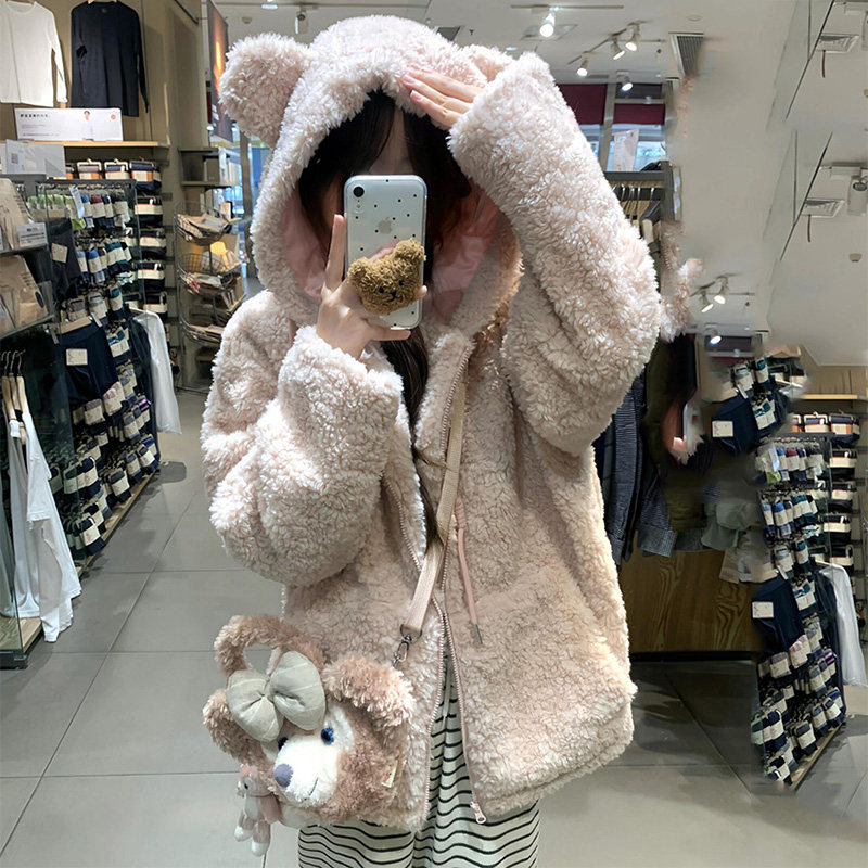 小香风千金粉色羊羔毛连帽外套女宽松慵懒感短款毛绒绒上衣厚冬季