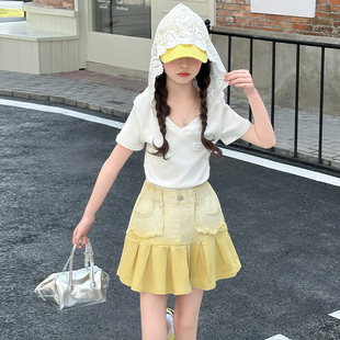 女孩牛仔百褶短裙短袖 女大童半身裙套裝 時(shí)尚 兒童裙子夏裝 T兩件套8