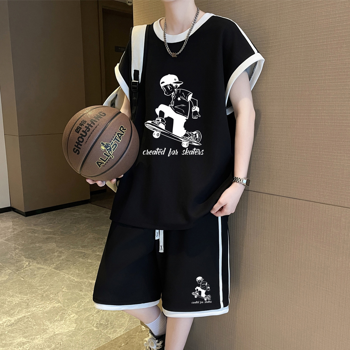 正品专柜无袖休闲运动套装夏季美式滑板少年印花背心两件套男生帅