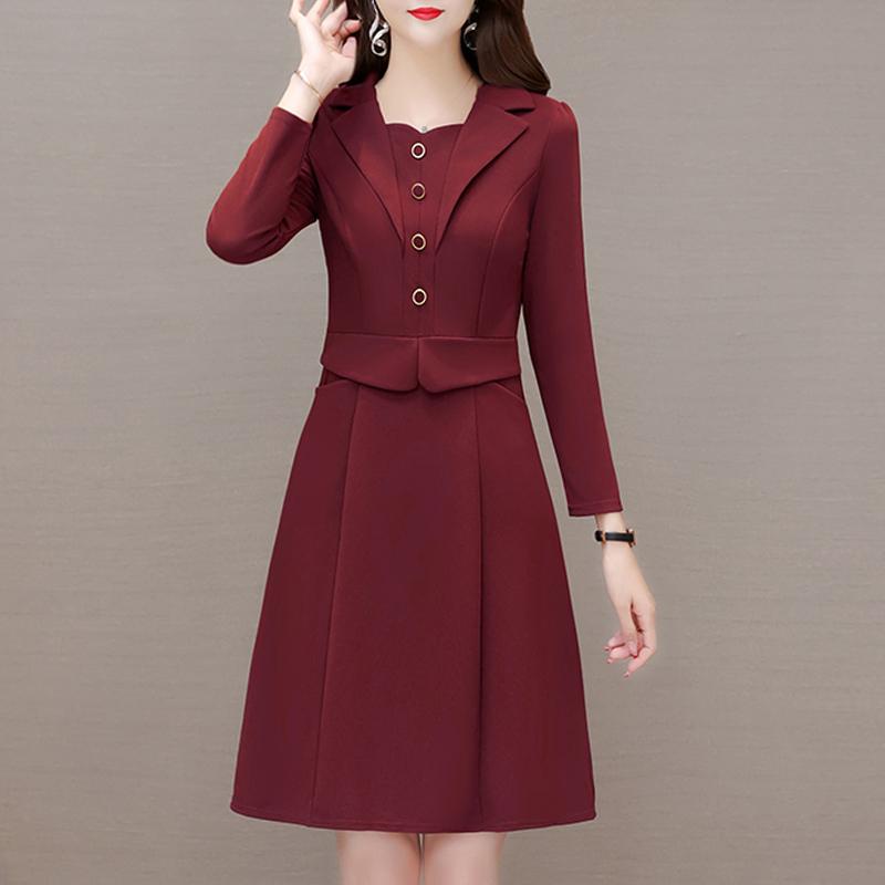 假两件长袖连衣裙高端大气上档次妈妈春装婚宴礼服遮肚子大码显瘦