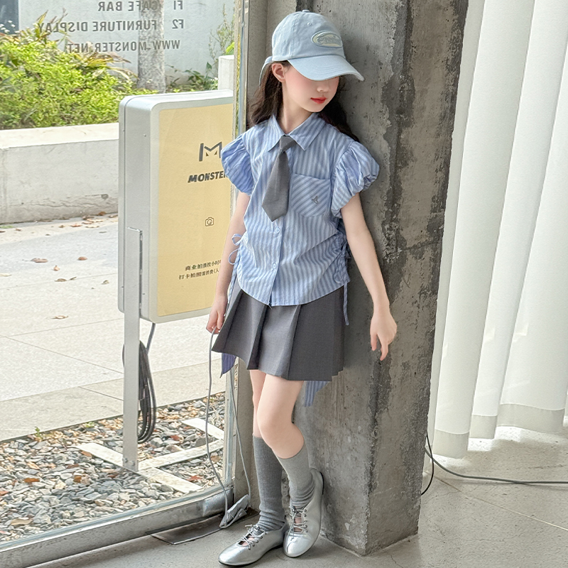 女童学院风套裙2025夏季新款洋气儿童条纹衬衫女孩jk百褶裙两件套