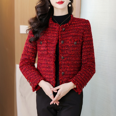 红色短款小香风外套女士2025新款爆款秋冬妈妈名媛气质高级感上衣