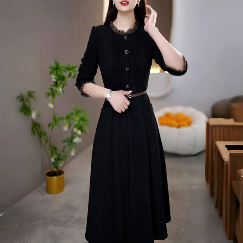 黑色长袖连衣裙女士2025新款秋冬季妈妈高端大气上档次中长款裙子