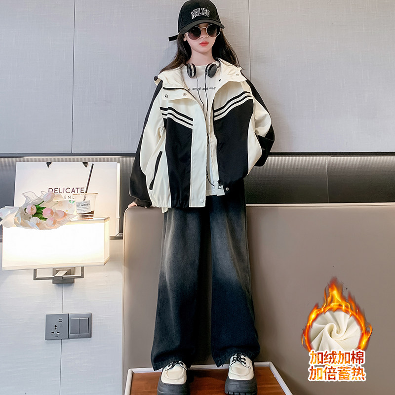 女大童拼色外套冬装2025新款洋气初中生女孩宽松冲锋衣春秋季风衣