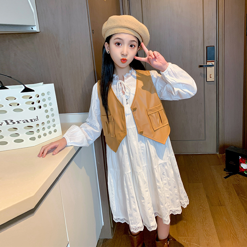 女大童秋装连衣裙2025新款洋气皮马甲套装秋季女孩长袖裙子两件套
