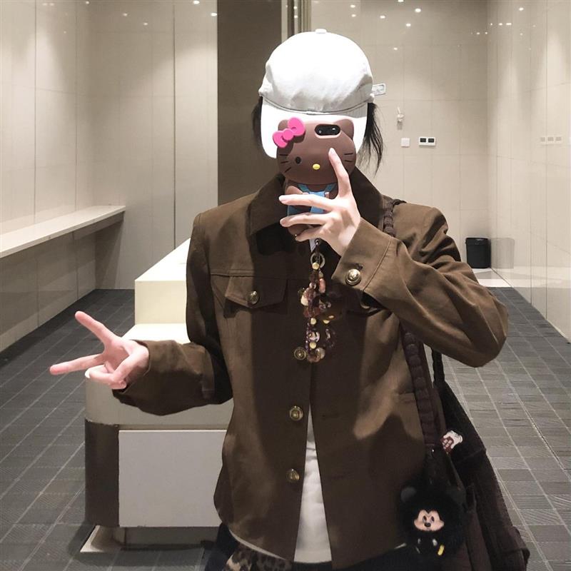 早秋独特超好看翻领棕色短款外套女韩版休闲百搭小个子工装风夹克