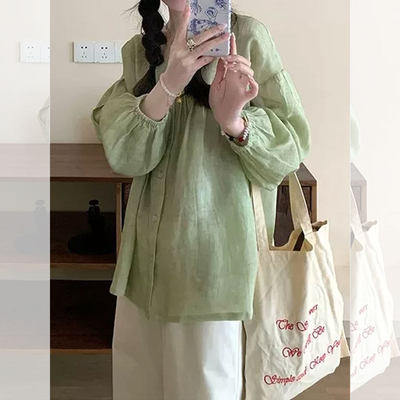 正品专柜夏天韩系苎麻上衣女宽松甜美减龄娃娃衫长袖衬衫圆领轻薄