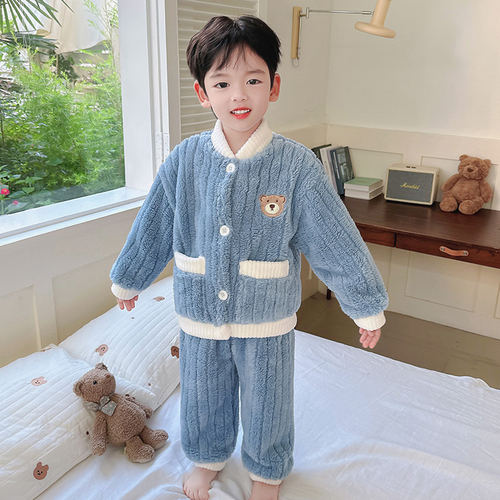 男宝宝法兰绒睡衣秋冬款2025新款男童冬季家居服套装儿童珊瑚绒冬