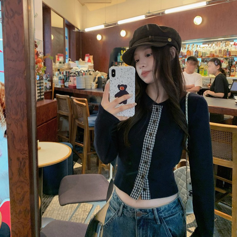 格纹拼接假两件针织开衫外套毛衣女设计感圆领气质长袖上衣秋冬季