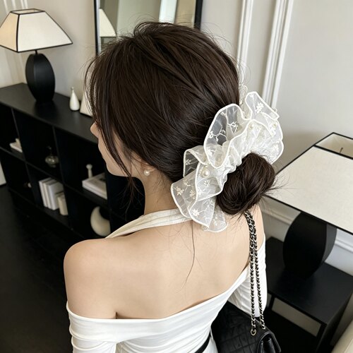 A0238 韩系白色双层刺绣大肠发圈头绳温柔慵懒风丸子头发饰时尚女