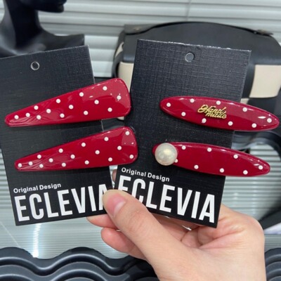 E5191 韩系红色波点鸭嘴夹一对显白百搭刘海夹发夹可爱复古一字夹