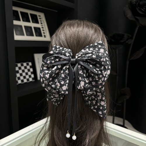 E4249 碎花飘带蝴蝶结抓夹女2025新款后脑勺鲨鱼夹高马尾发卡夹子