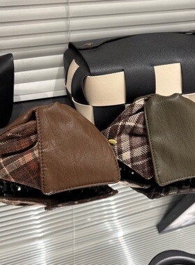 E5068棕榈绿野系列三角抓夹 13cm格纹皮质拼接秋冬发夹优雅后脑勺