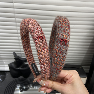 E3899 韩系欧尼百搭同款复古秋冬千鸟格混彩小香风高颅顶发卡头箍