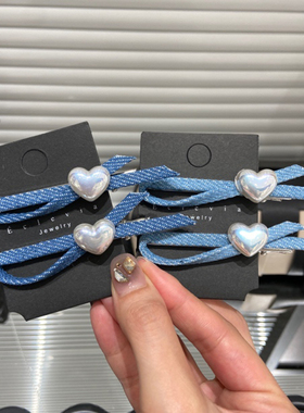 E3415 夏季蓝色牛仔蝴蝶结爱心少女刘海侧边碎发夹2024新款 ins