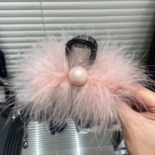 显发量百搭时尚 蓬松 粉色纯色鸵鸟毛天然毛毛手工大号抓夹 E2733