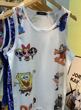 美式减龄运动夏季网眼健身无袖坎肩可爱印花圆领套头汗背心休闲