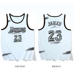 美式 速干篮球服LAKERS湖人詹姆斯JAMES球衣素描手绘复古网眼背心