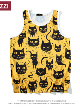 【猫咪】美式速干宽松夏季背心黄色印花定制运动健身坎肩休闲无袖