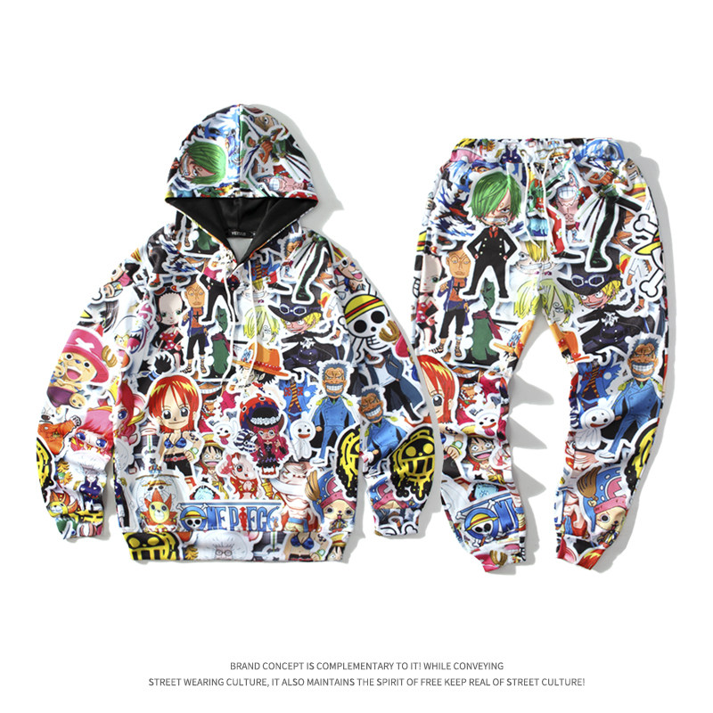 休闲印花套装男士运动卡通时尚冰丝长袖长裤情侣衣服卫衣两件套潮