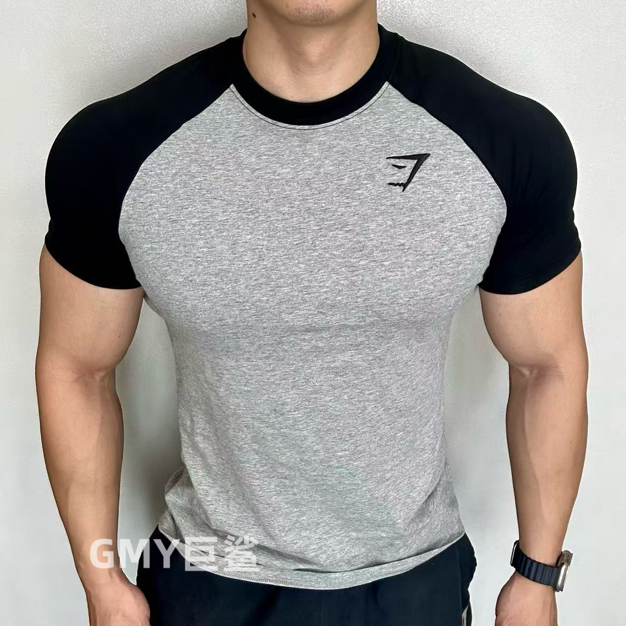 英国gymshark刺绣标男女同款拼色运动休闲修健身上衣T恤弹力短袖