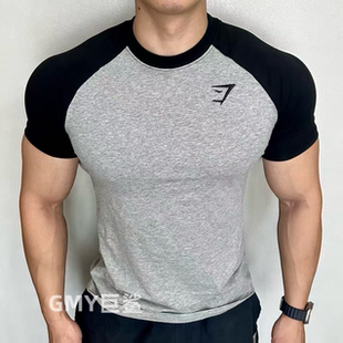 英国gymshark刺绣标男女同款 拼色运动休闲修健身上衣T恤弹力短袖
