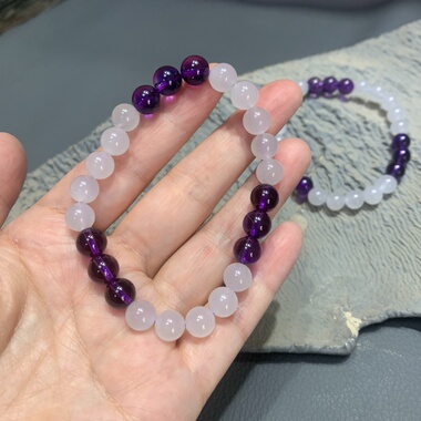 天然和田玉烟紫烟青玉配紫水晶圆珠手串卡8mm手链563号