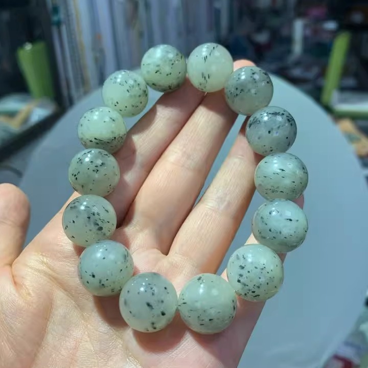 244号新疆和田玉青花子料16mm手串手链带证书男士父亲节礼物