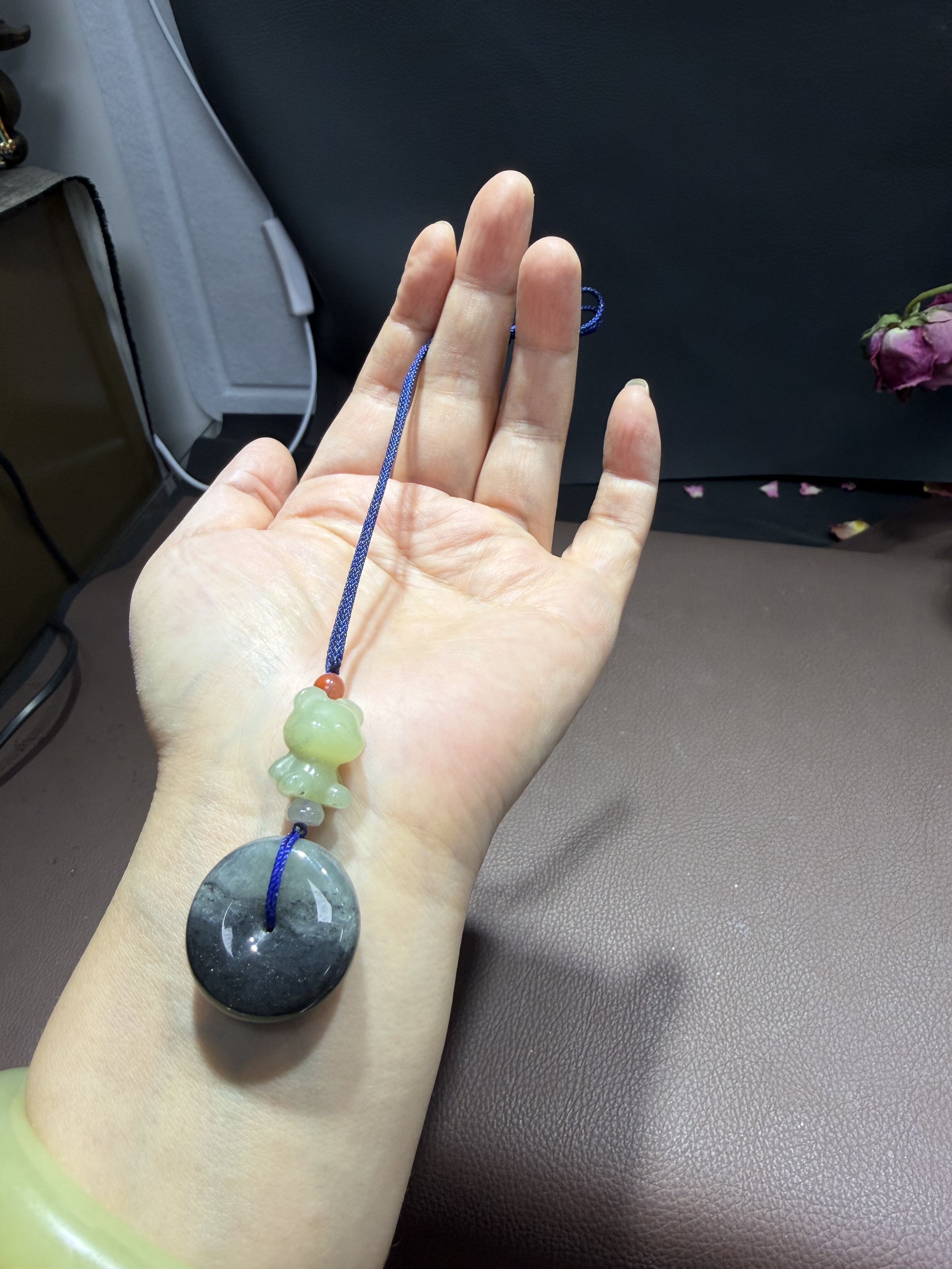 天然新疆和田墨玉籽料平安扣配小熊挂件小男孩礼物吊坠水墨531号