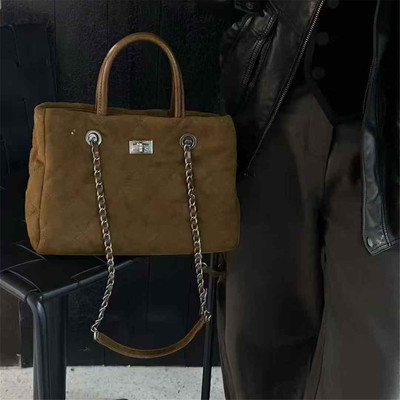 秋新款磨砂麂皮绒小香风菱格链条女包手提包休闲单肩腋下包斜挎包