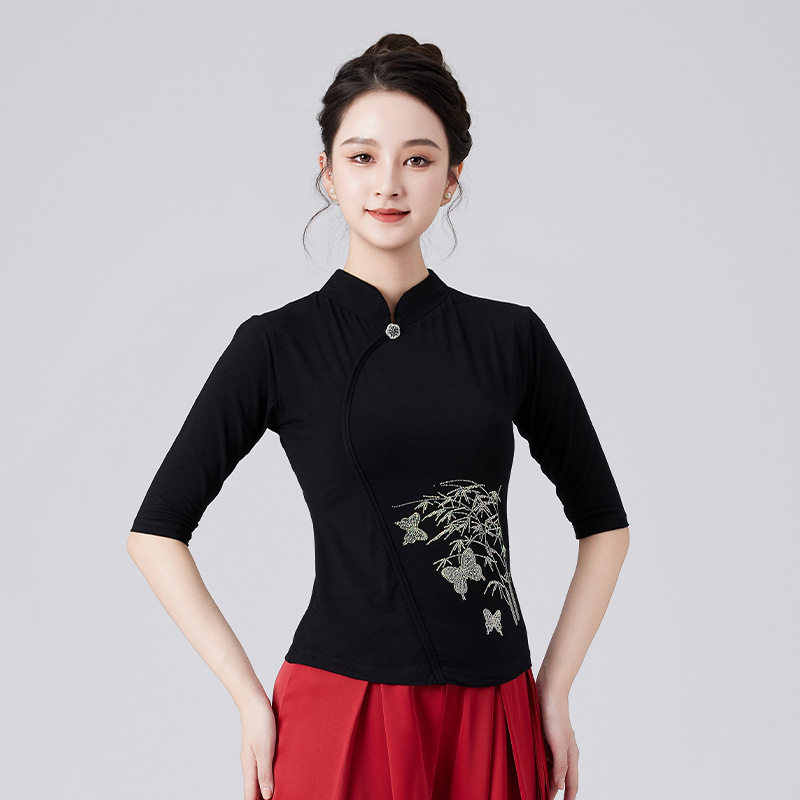 广场舞上衣古典舞蹈服装女旗袍领跳舞衣时尚烫钻形体练功服演出服