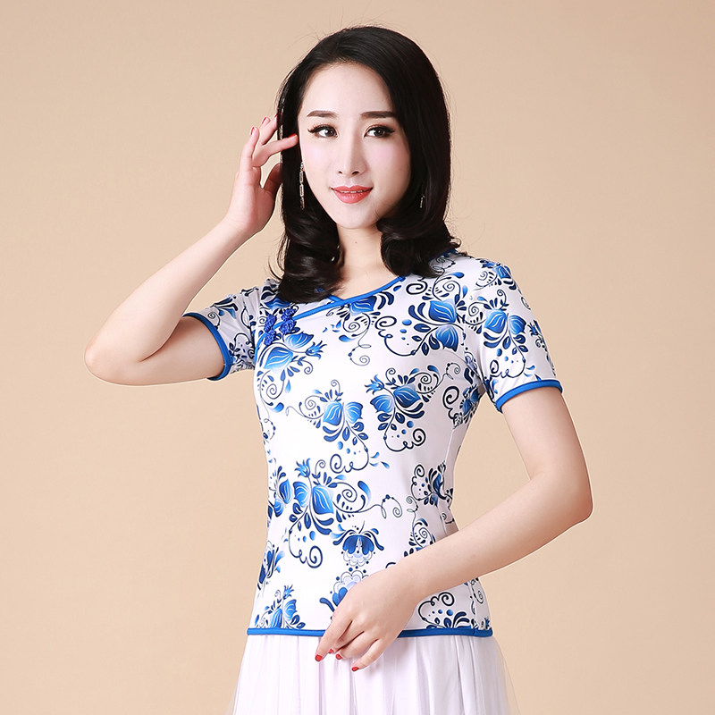 花竹蝶短袖广场舞上装春夏新款女成人民族风舞蹈跳舞表演服练功衣