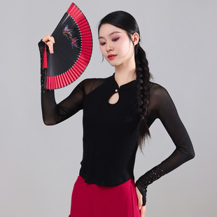 新款广场舞上衣秋季古典舞蹈服旗袍领长袖现代舞民族舞服装练功服