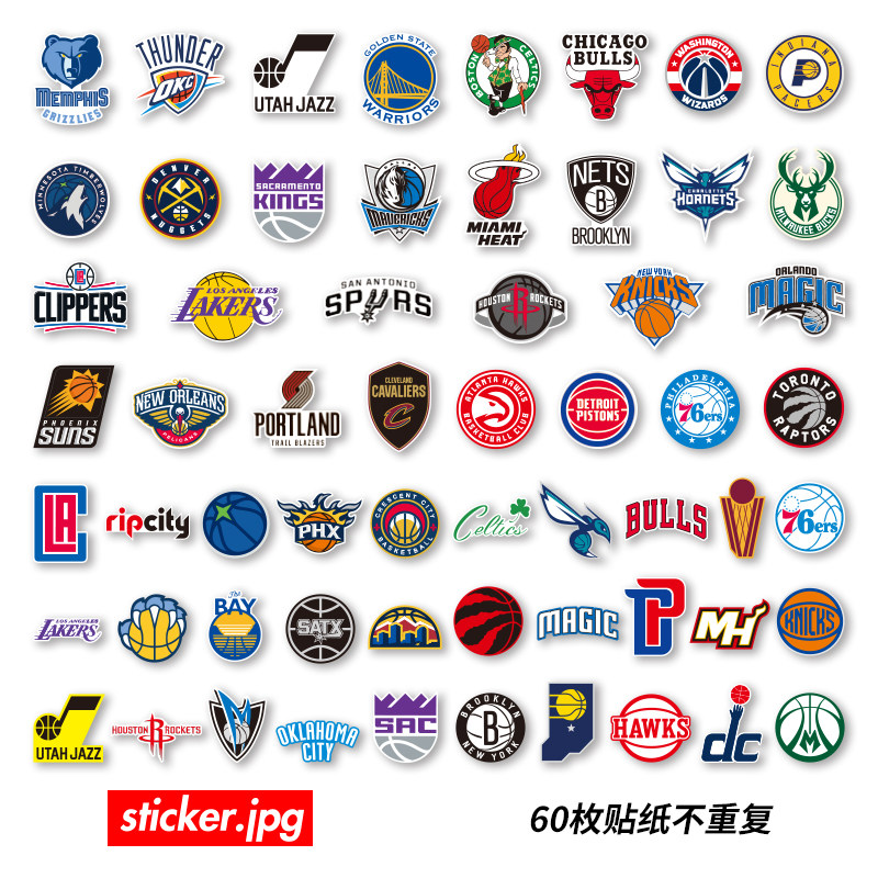 60枚nba美国职业篮球联赛东西部队标logo机车笔记本电脑防水贴纸