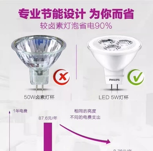 飞利浦灯泡LED射灯灯杯12V节能MR16插脚GU10光源5CM暖白黄光天花