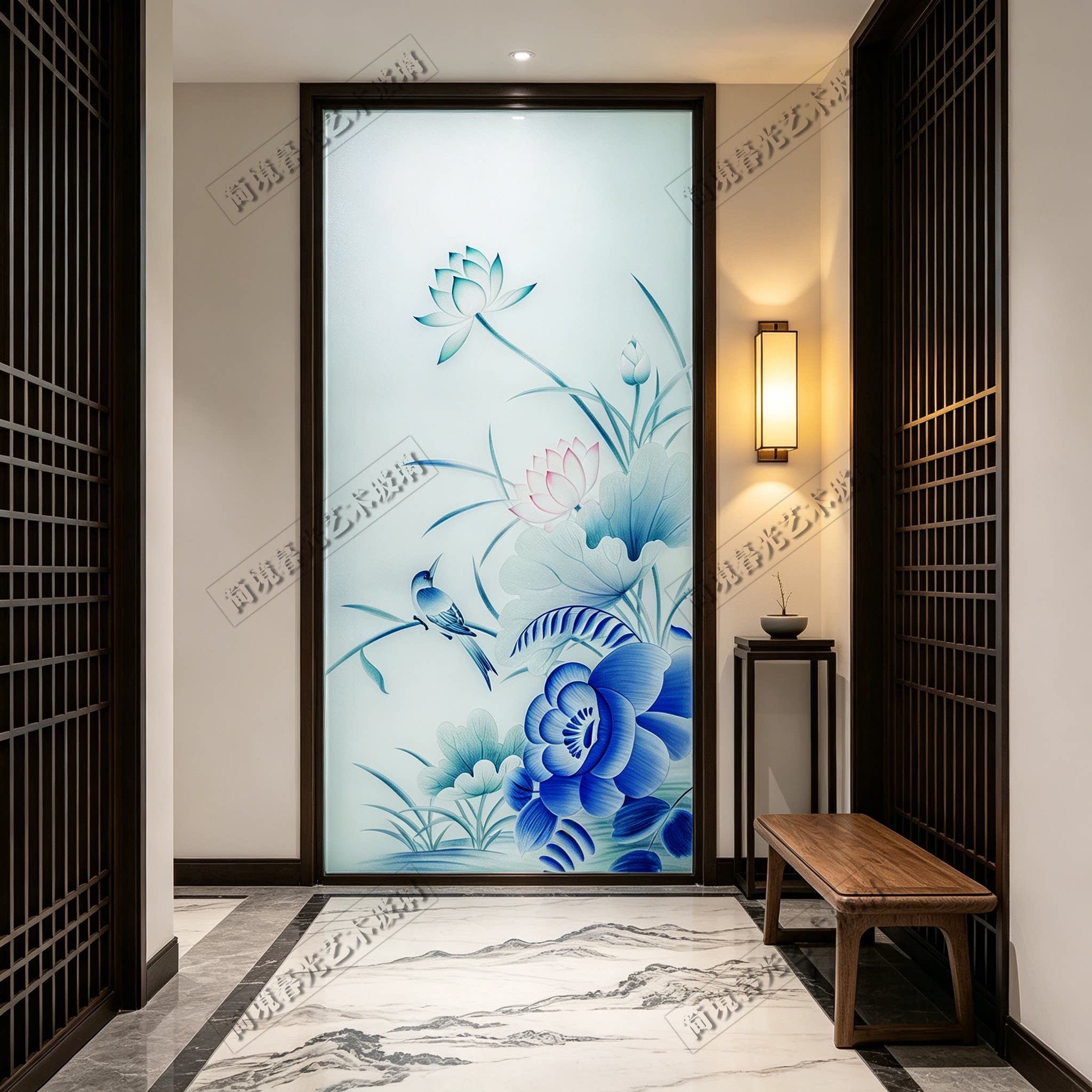 蓝翠鸟青花荷韵钢化玻璃玄关图片