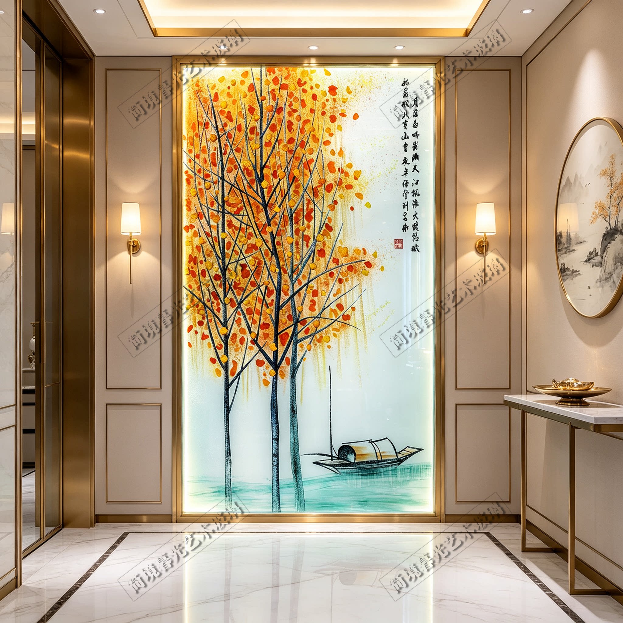 简境暮光水乡情韵艺术玻璃定制图片