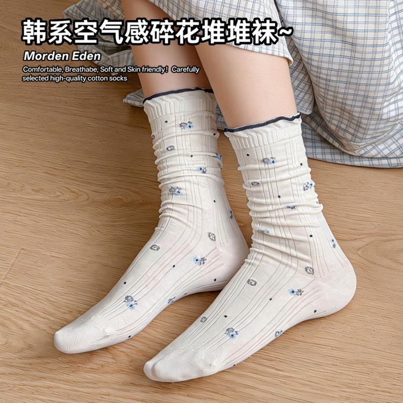 袜子女士中筒袜春夏薄款透气吸汗棉袜碎花波点无骨韩系百搭堆堆袜