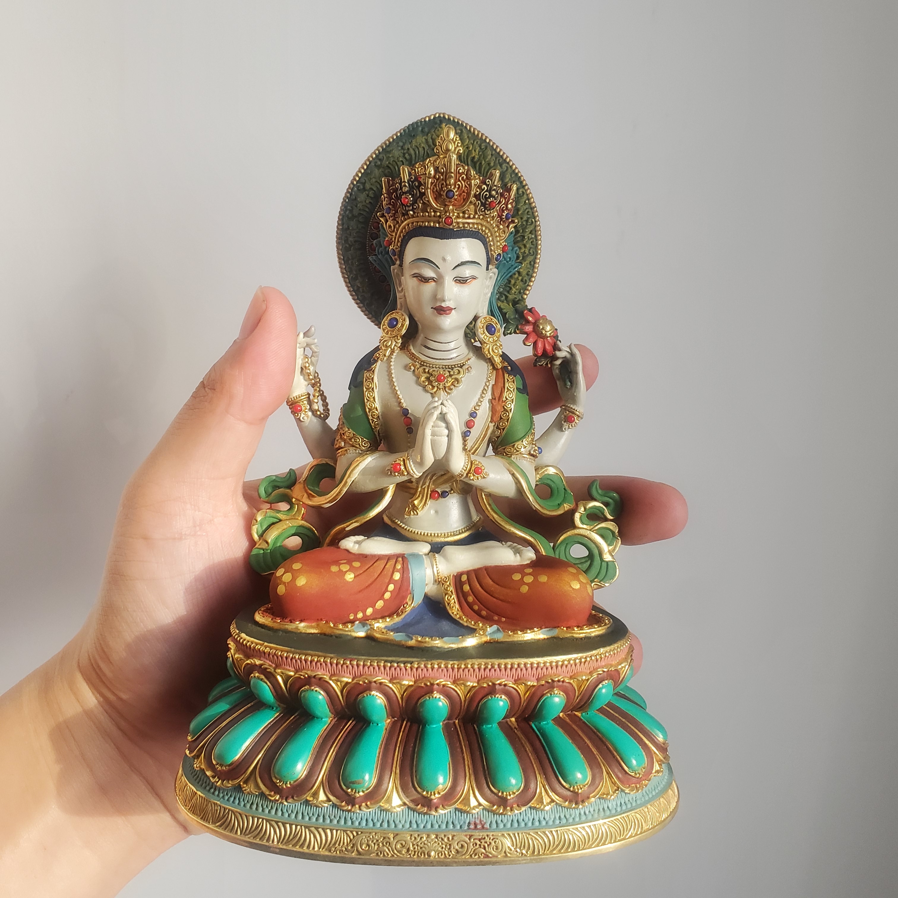 尼泊尔工艺纯铜鎏金彩绘四臂观音菩萨佛像家居供奉佛堂摆件