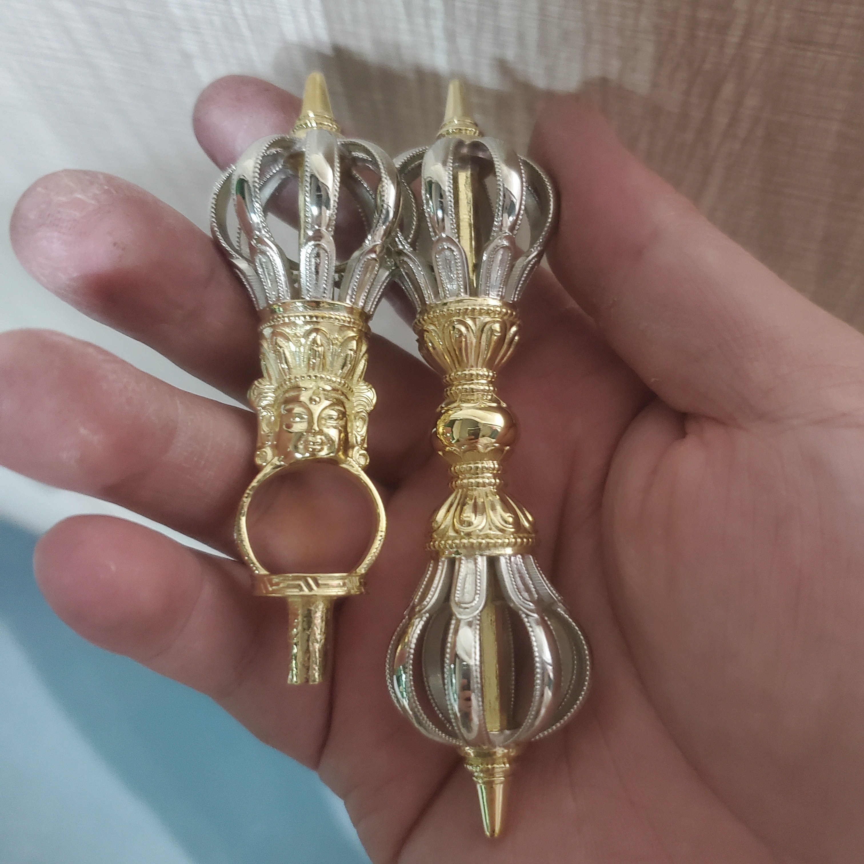 尼泊尔工艺纯铜双色九股金刚杵金刚铃杵藏银精工摆件手把件家居