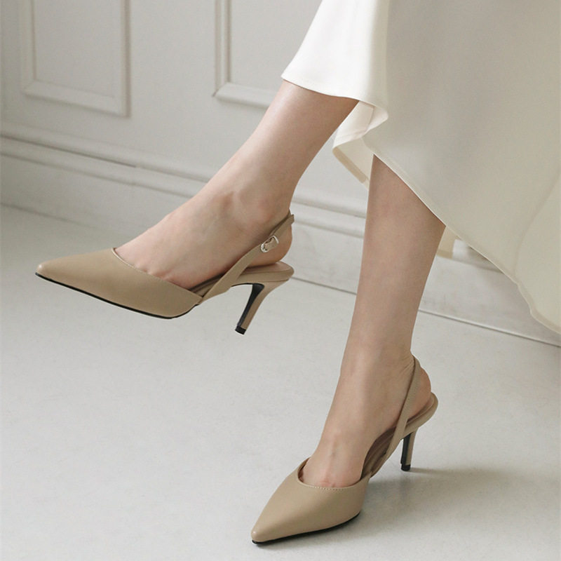 韩式2024新款夏季皮鞋女装高跟凉鞋细跟尖头扣带简约春秋女鞋纯色