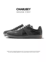 Charlieey German Training Shoes, First Layer Cowhide, Retro Flat White, Gray, Black, Unisex Genuine Leather Patchwork Casual Shoes
