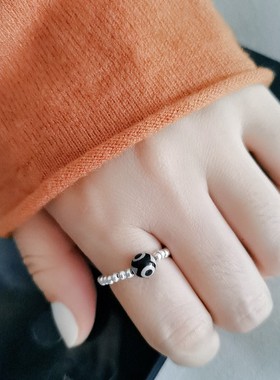 原创设计925纯银纯天然玛瑙小天珠戒指圆珠小众冷淡风弹力绳指环