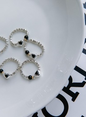 s925银小众轻奢爱心碎银撞色戒指女心形串珠弹力指环高级感