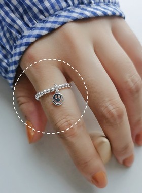 韩国东大门S925纯银笑脸串珠戒指女ins潮简约个性食指戒子可调节