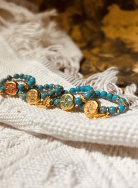 原创小众设计五路财神 黄财神绿松石纯铜沙金弹力绳戒指