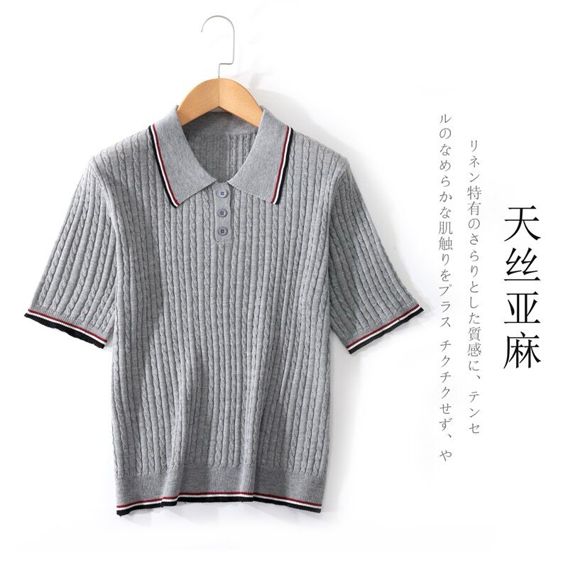 天丝亚麻短袖针织衫女2026夏季新款polo领修身显瘦短款上衣