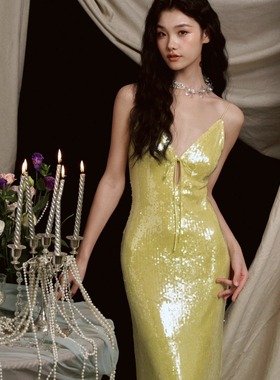 journeyj亮黄色性感亮片闪闪小礼服裙吊带连衣裙绝美平时可穿生日