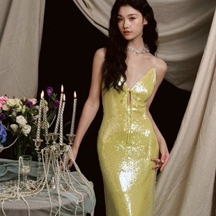 journeyj亮黄色性感亮片闪闪小礼服裙吊带连衣裙绝美平时可穿生日