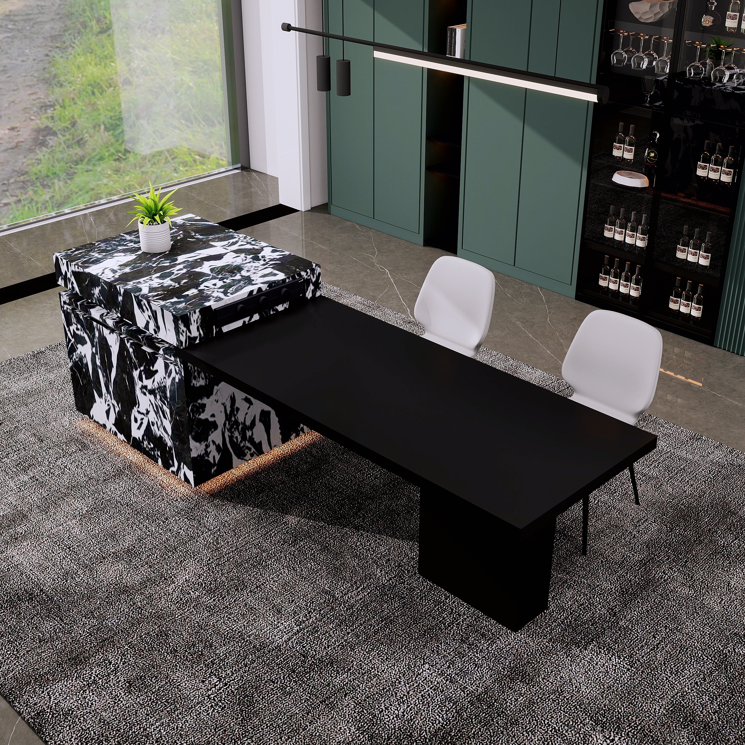 星岩意式高端定制宝格丽黑岩板岛台餐桌一体岛台可伸缩储物导台